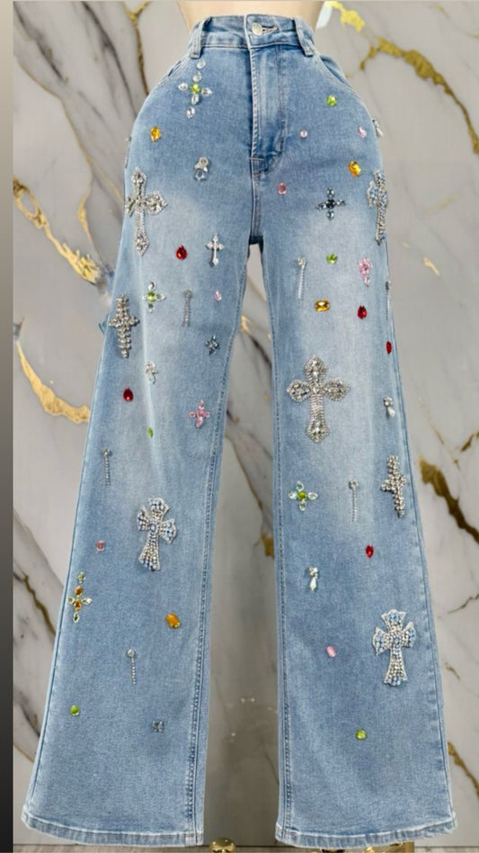 Cross Crystal and Colors Crystal Pendant Jeans
