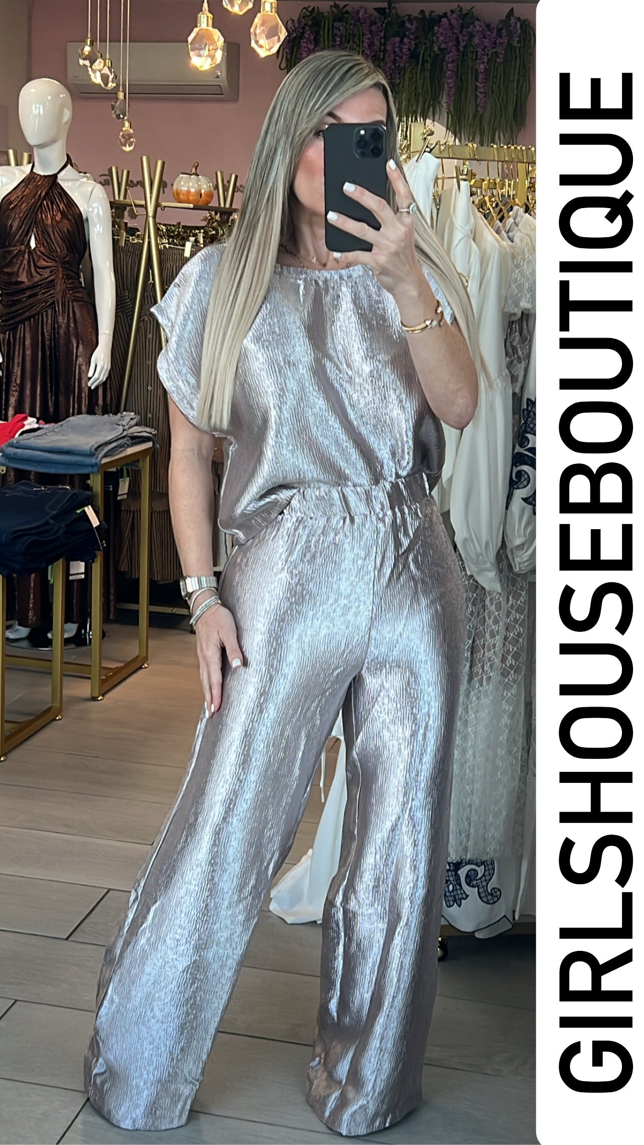 Metallic Silver Top&Pant Set