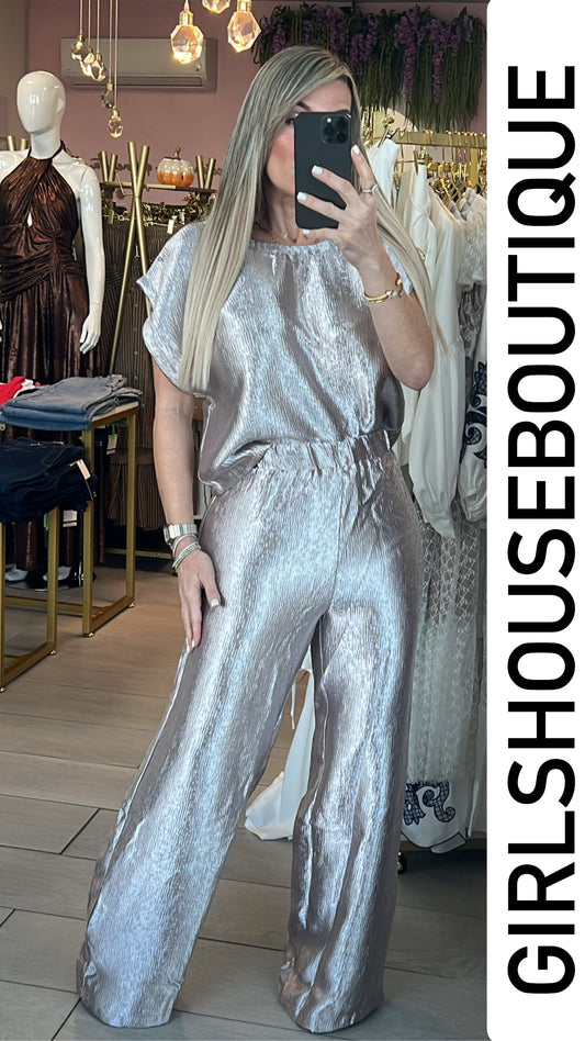 Metallic Silver Top&Pant Set