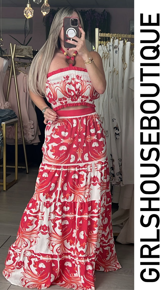 Coral/Red Halter Top & Skirt Set