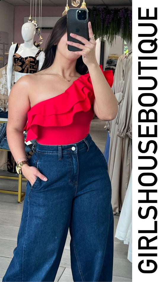 Red Ruffle One Shoulder Bodysuit