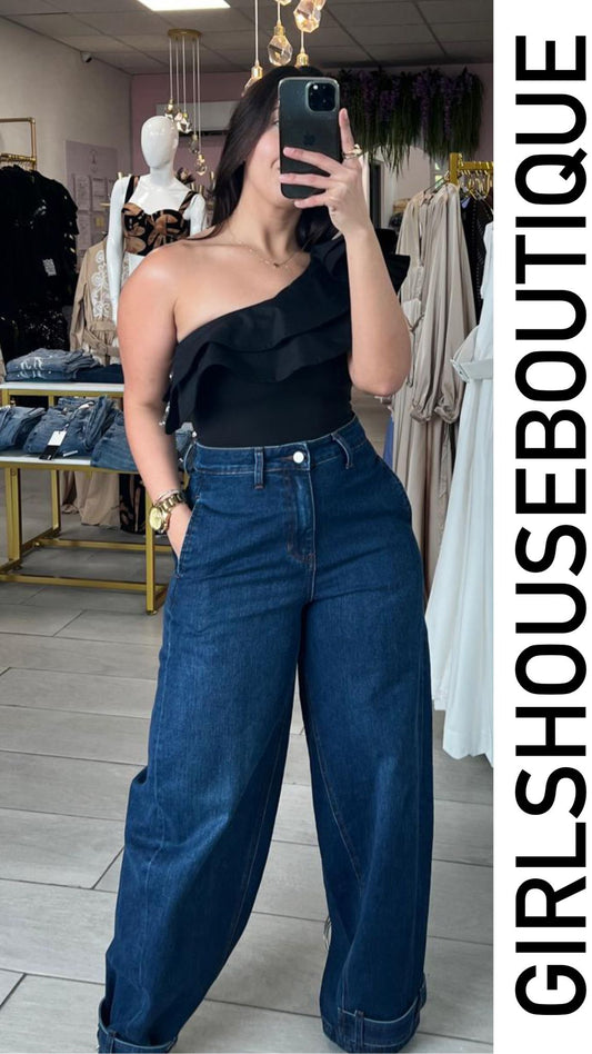 Black Ruffle One Shoulder Bodysuit