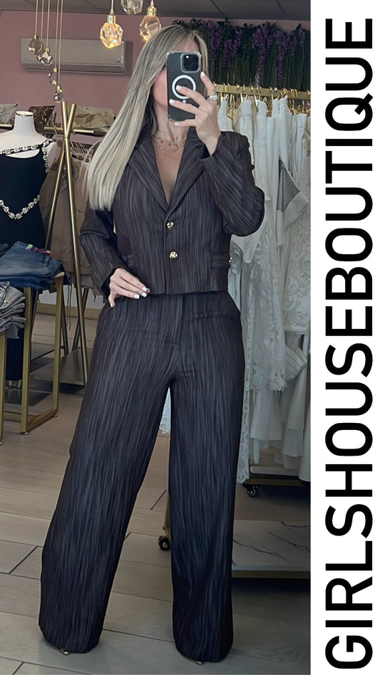 Brunette Textured Vest & High Waisted Strech Pant Set