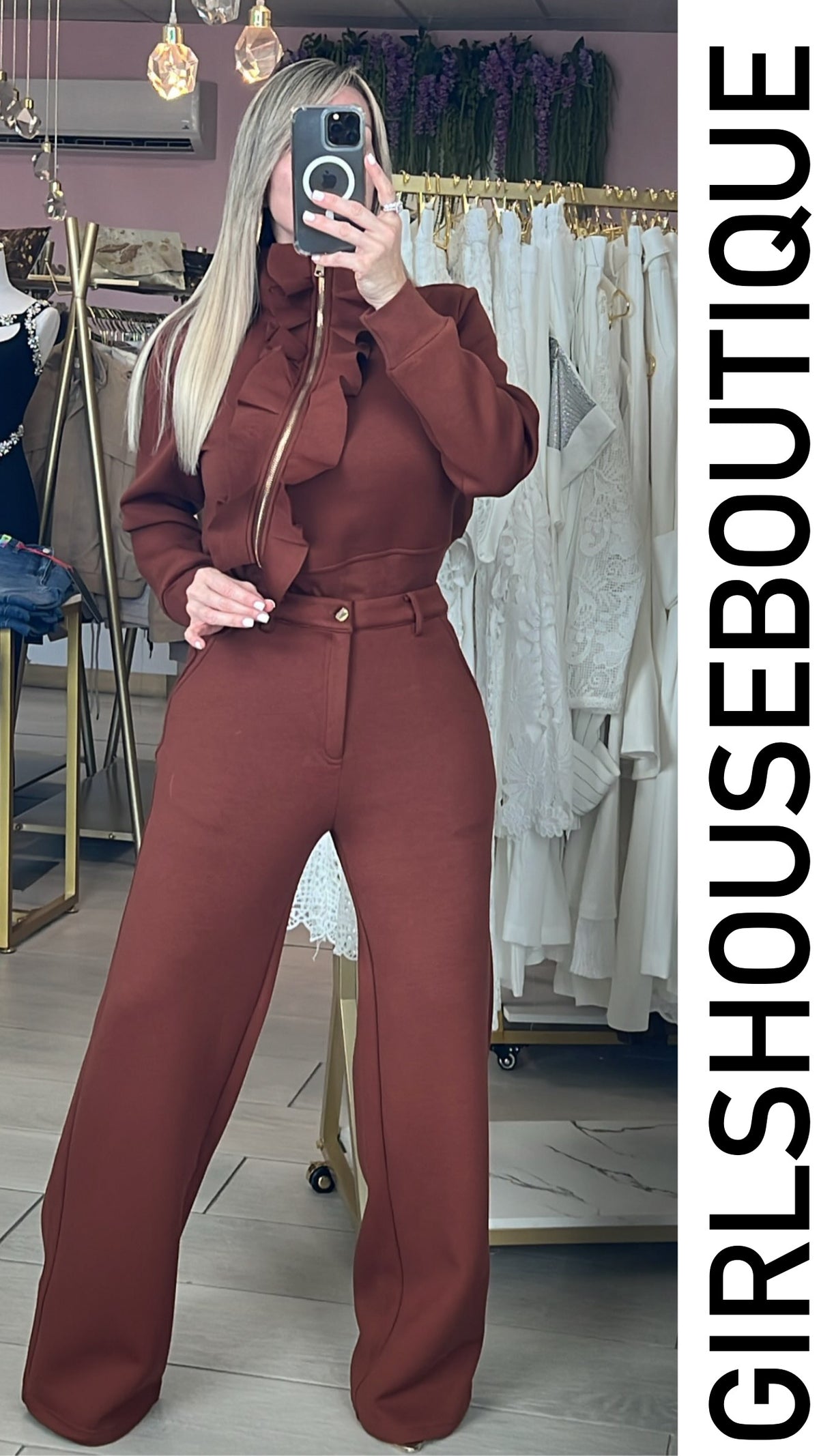 Rust High Neck & Ruffle Asymetric Zip-Up Jacket & Strech Pant Set (GRACIA COLLECTION)