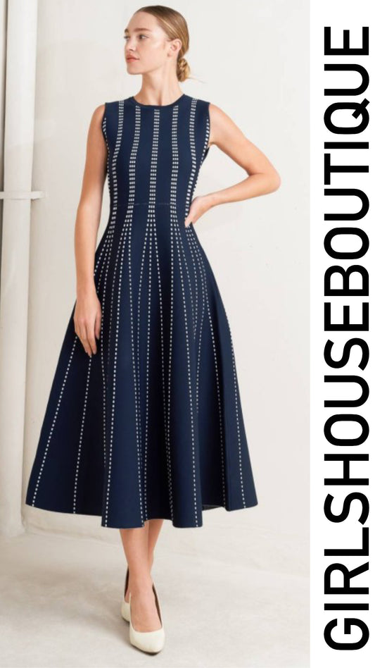 Anastasia Navy & White Elegance Strech Midi Dress