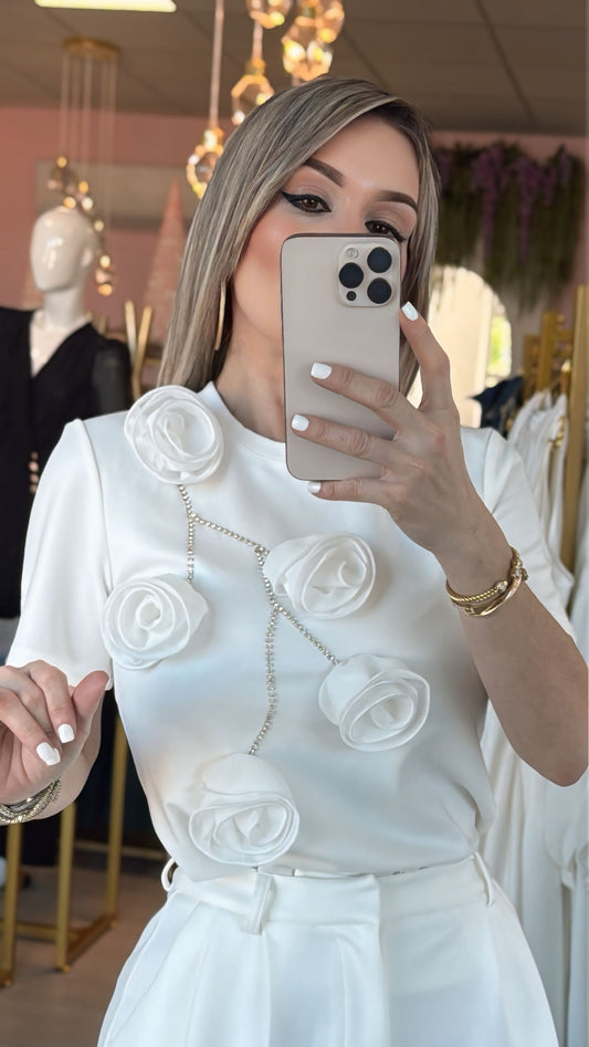 GRACIA COLLECTION 3D Rose Blanc Shirt