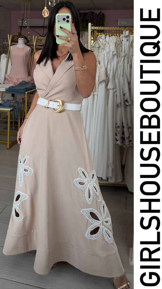 Creme Pearl Flower Midi Dress