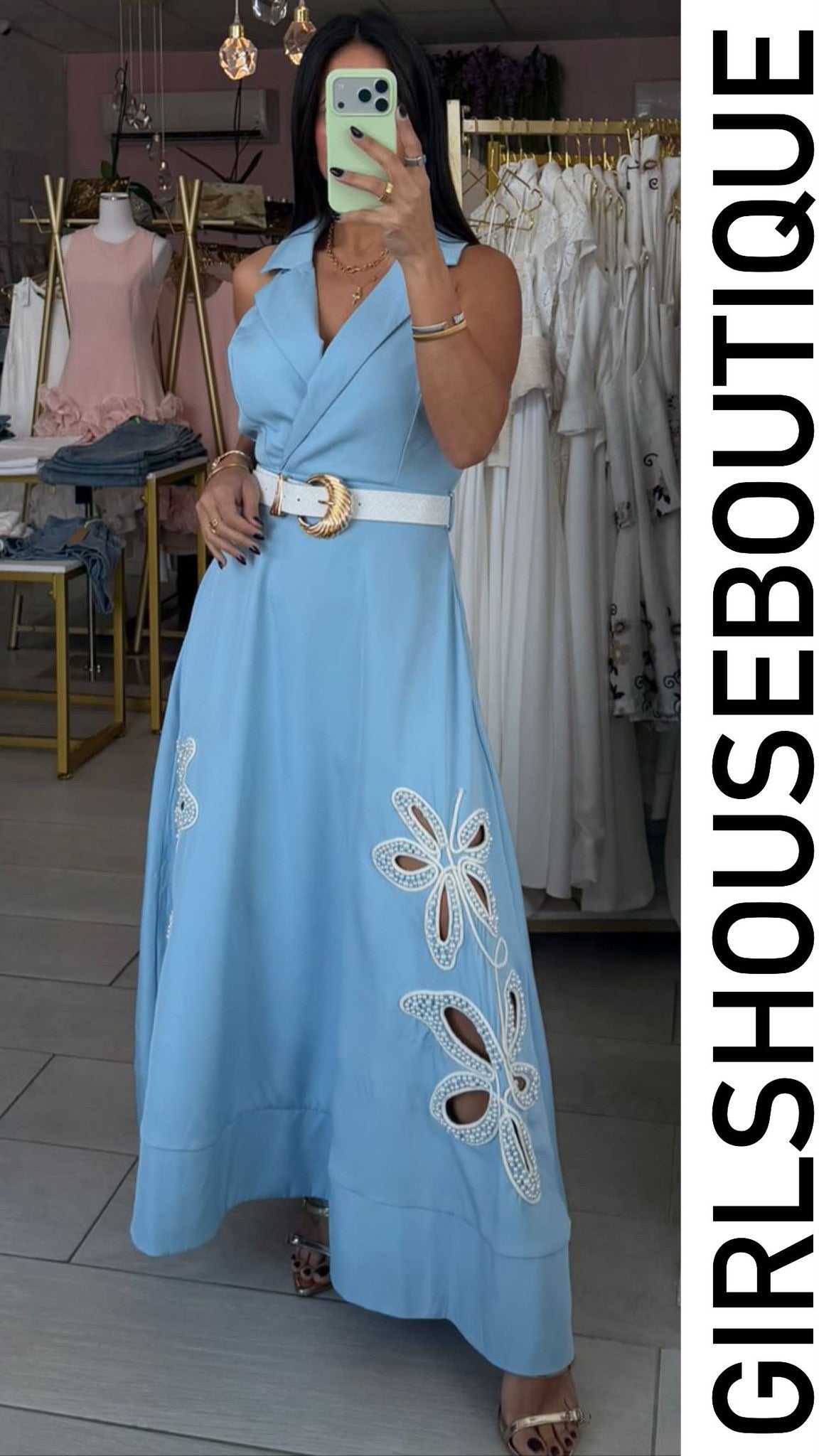 Baby Blue Pearl Flower Midi Dress