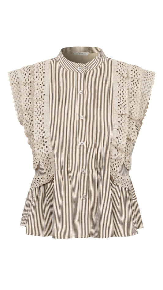 Creme Peplum & Lace Sleeve Blouse