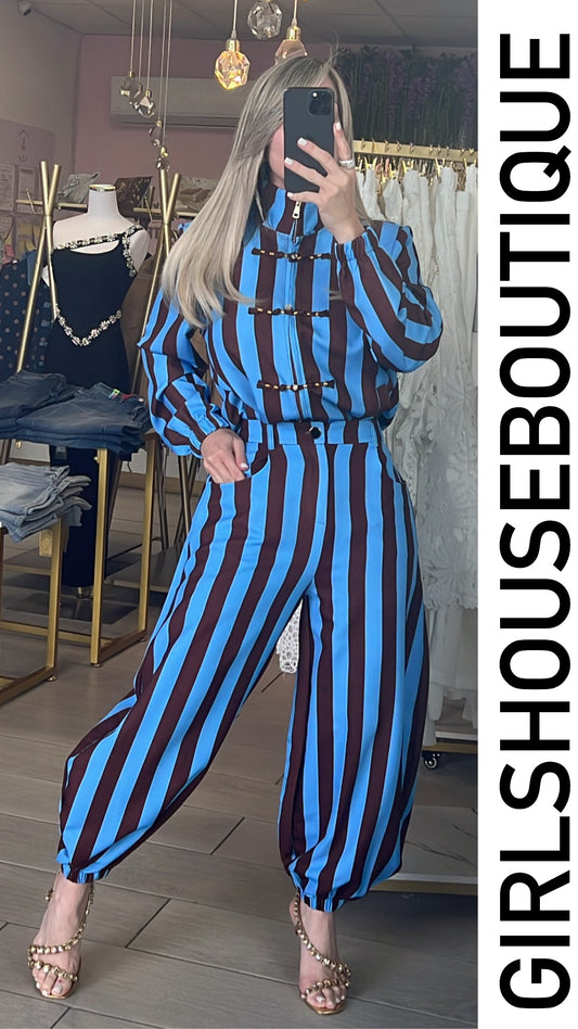 Blue/Choco Stripe Napoleón Jacket & Joggers Pant Set