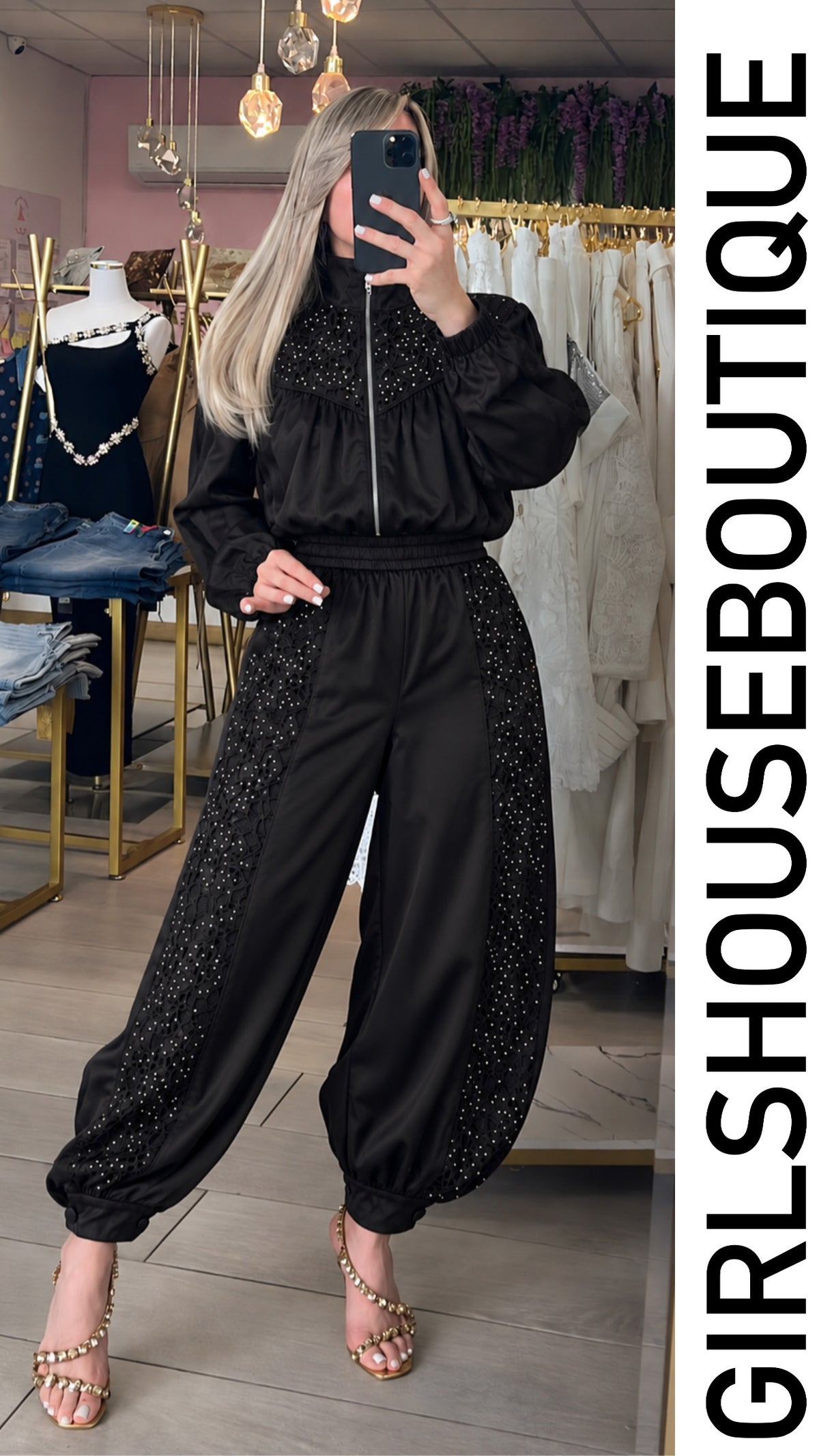 Black Satin Embroidery Zip-Up Jacket & Jogger Pant Set (Ambas piezas tienen elástico)