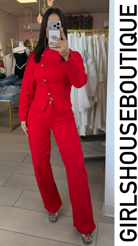 Red Denim Asymetric Buttons Jacket Design & Pant Set