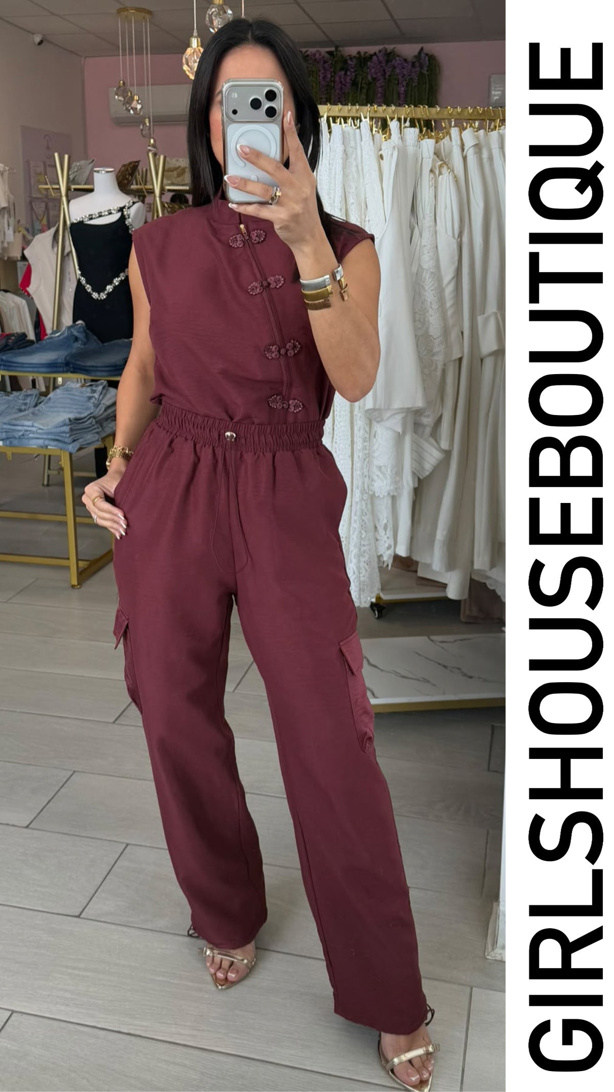 Wine High Neck Top & Cargo Pant Set