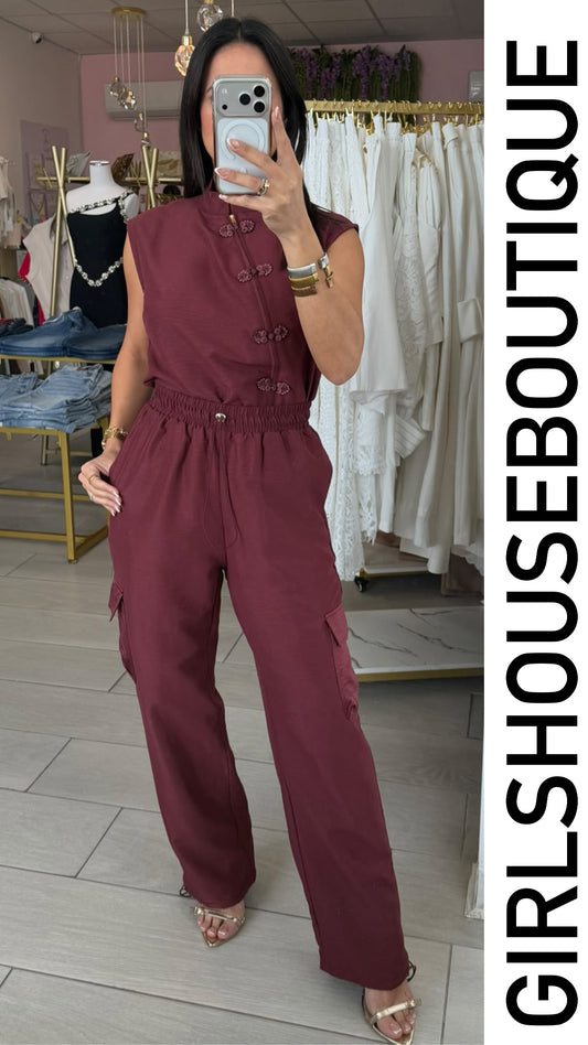 Wine High Neck Top & Cargo Pant Set