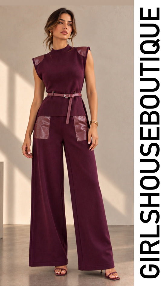 Merlot Sweater and Leather Pocket Pant Set (se moldea a su figura)