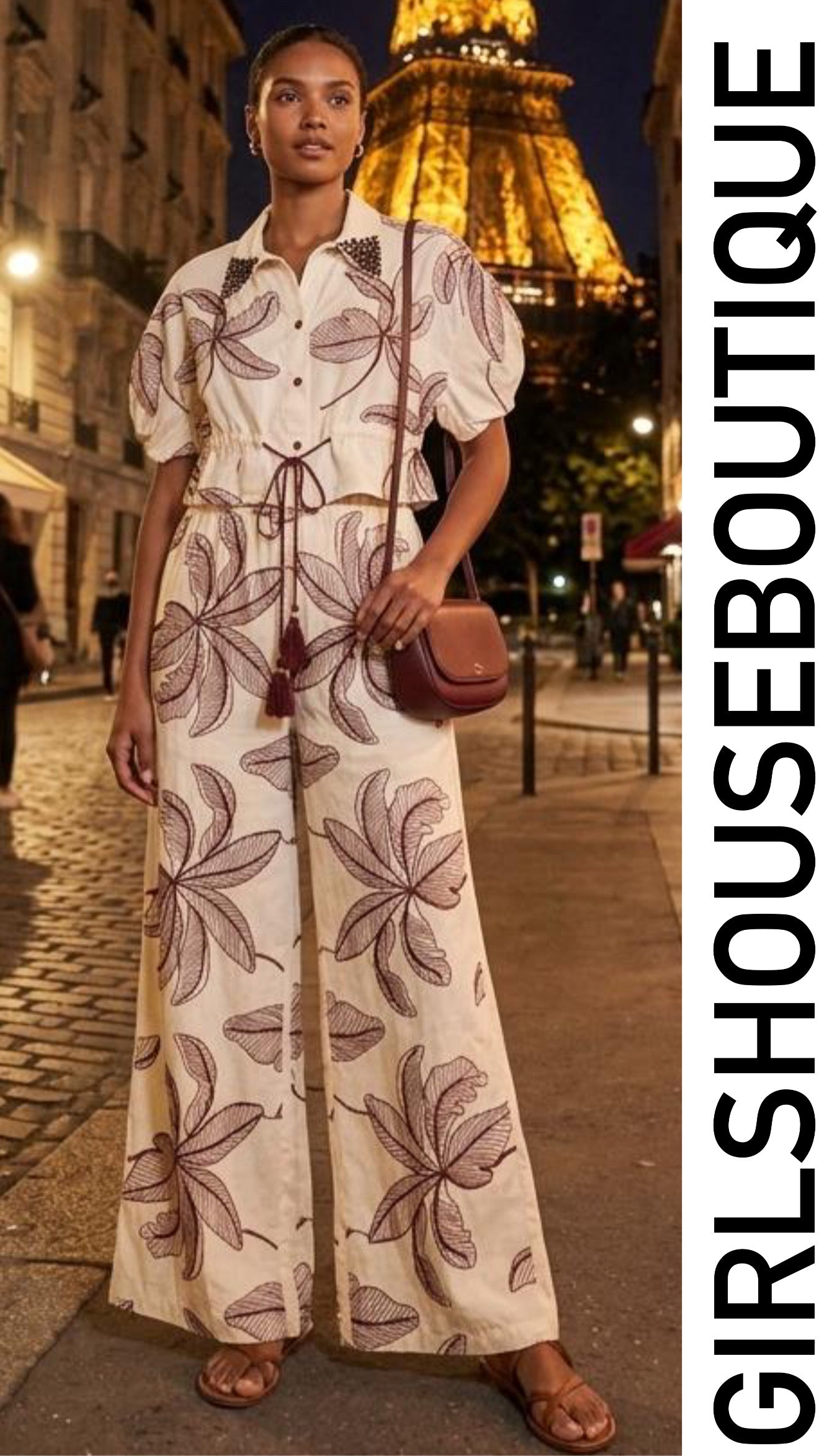 Palms Mocha Embroidery / Puff Sleeve Blouse & Pant Set