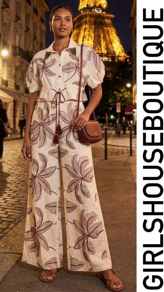 Palms Mocha Embroidery / Puff Sleeve Blouse & Pant Set