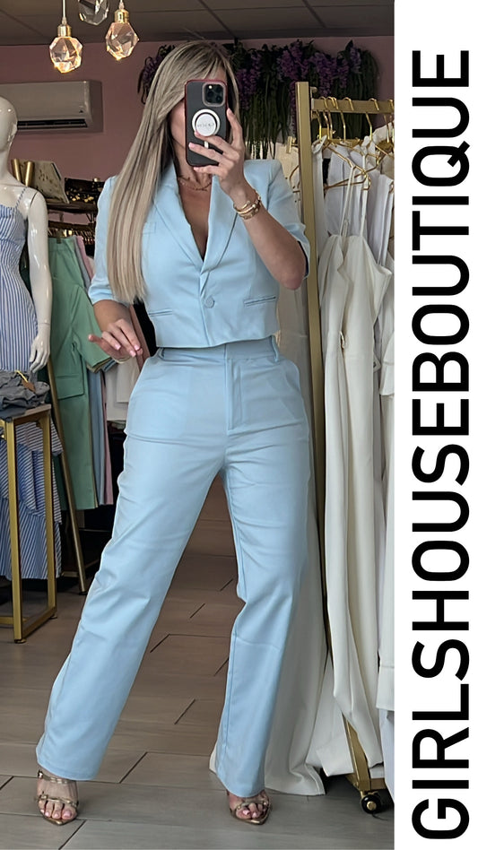 Ice Blue Spring Short Blazer & Pant Set