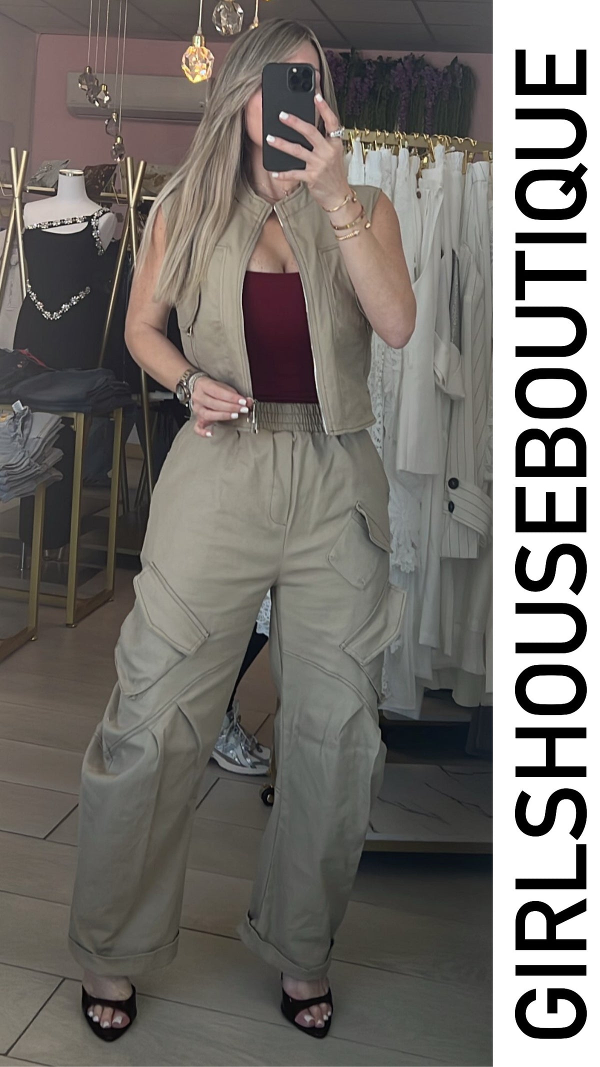 Taupe Denim Zip-Up Vest & Urban Barrel Pant Set