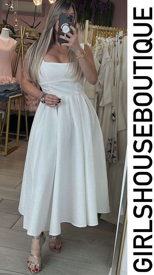 White Textured Elegance Midi Dress