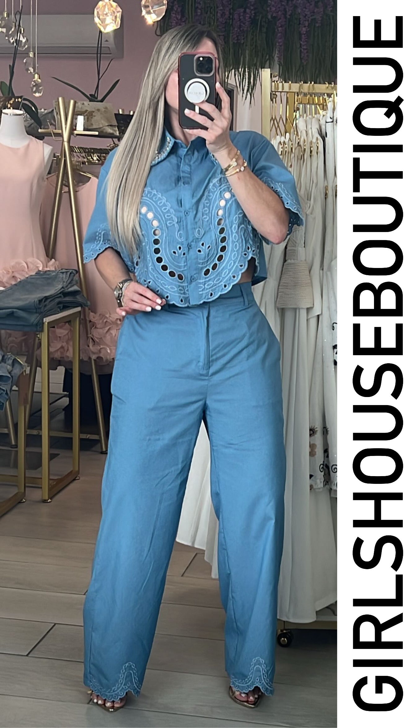 Light Blue Embroidery Blouse & Pant Set