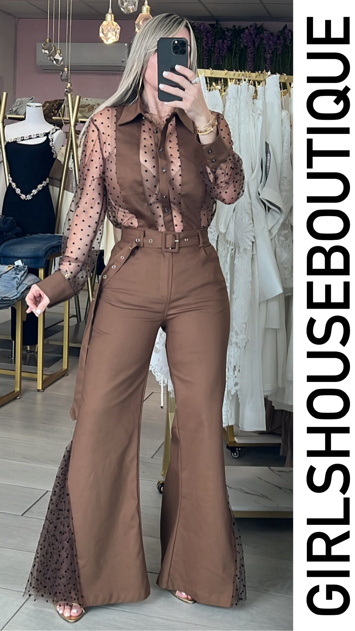 Camel Mesh Dots Blouse & Strech Elegance Pant Set (Tiene elástico en la cintura)