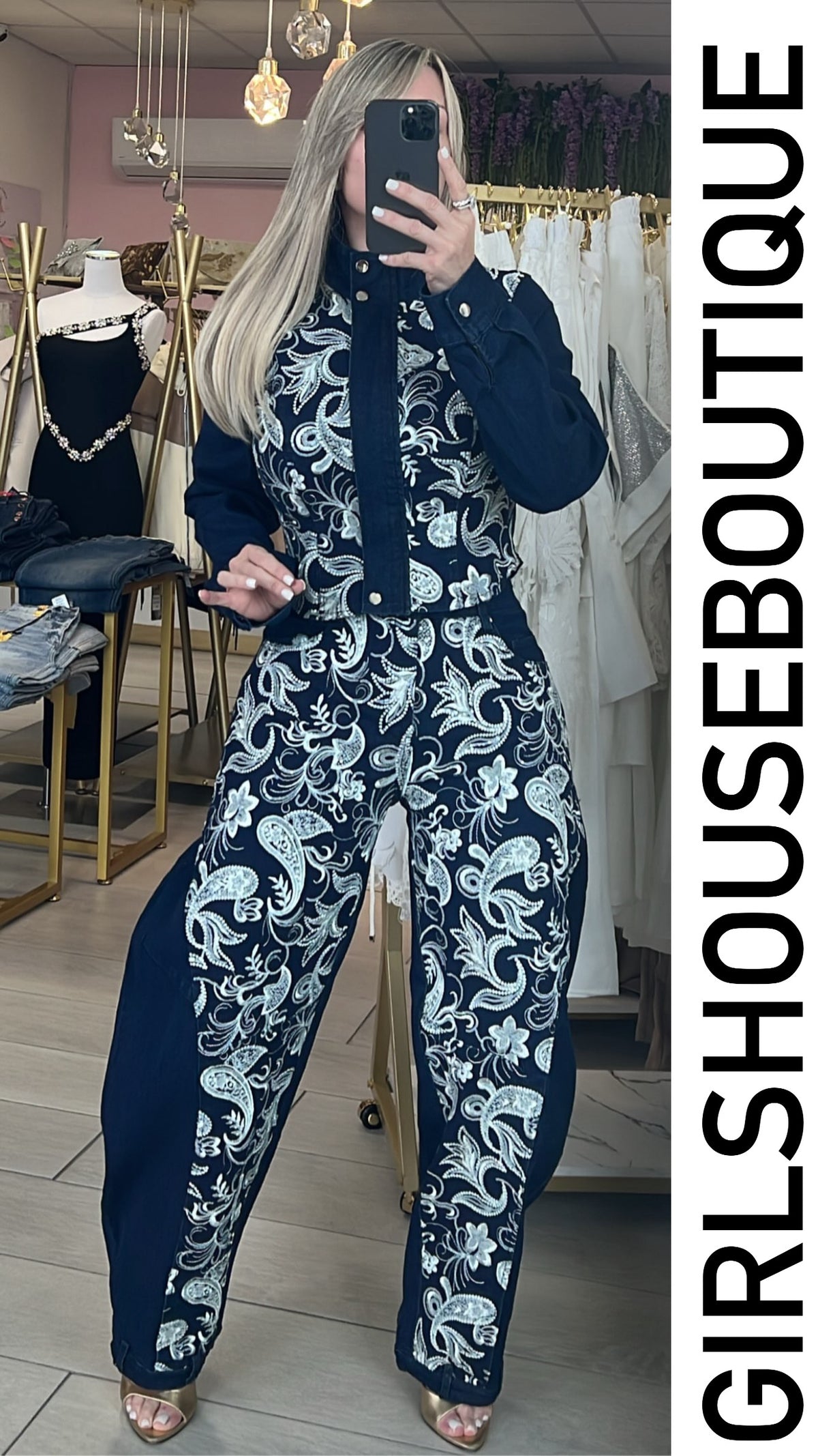 Dark Denim & White Embroidery Sequins Jacket & Barrel Pant Set (Tiene Strech)