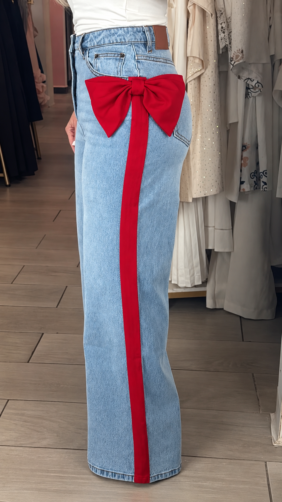 Red Bow Highwaisted Strech Light Jeans (Corrió Grande)