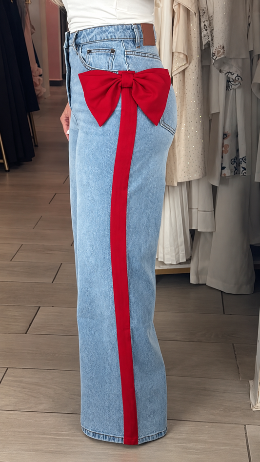 Red Bow Highwaisted Strech Light Jeans (Corrió Grande)