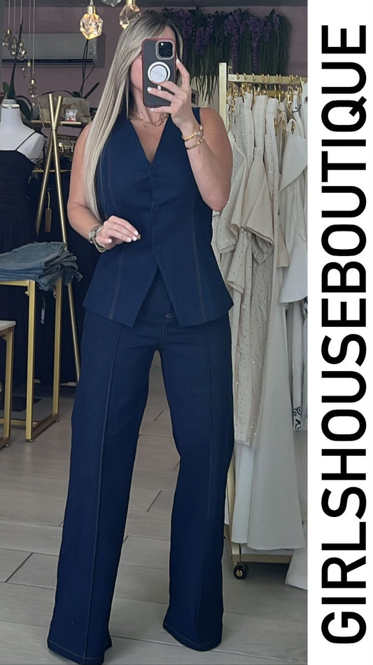 OVI Lauren Dark Denim Long Vest & Pant Set
