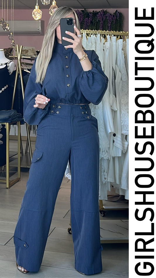Blue Denim Front Buttons Top & High Rise Pant Set