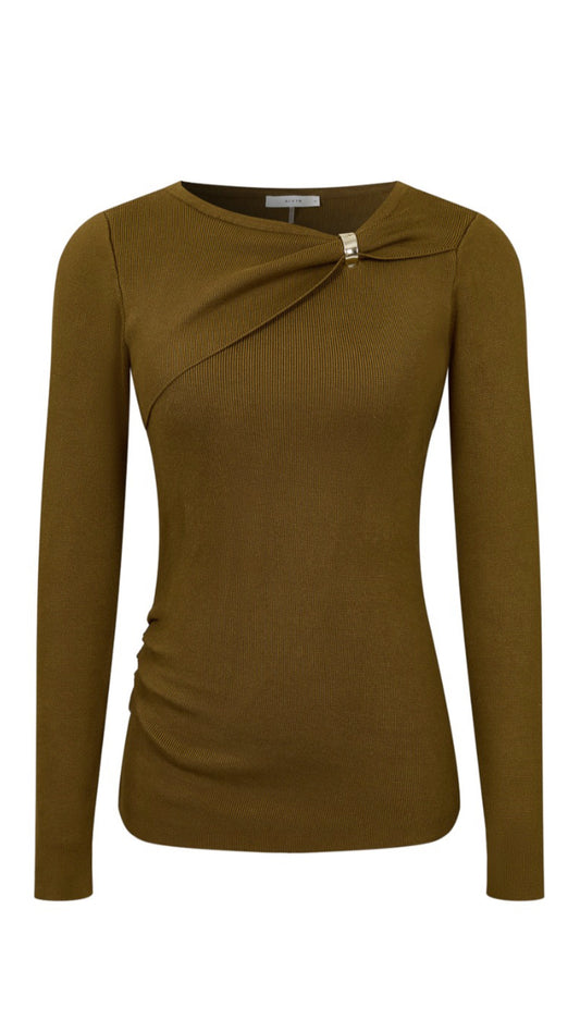 Smoked Olive Long Sleeve Asymmetric Neck Sweater Top