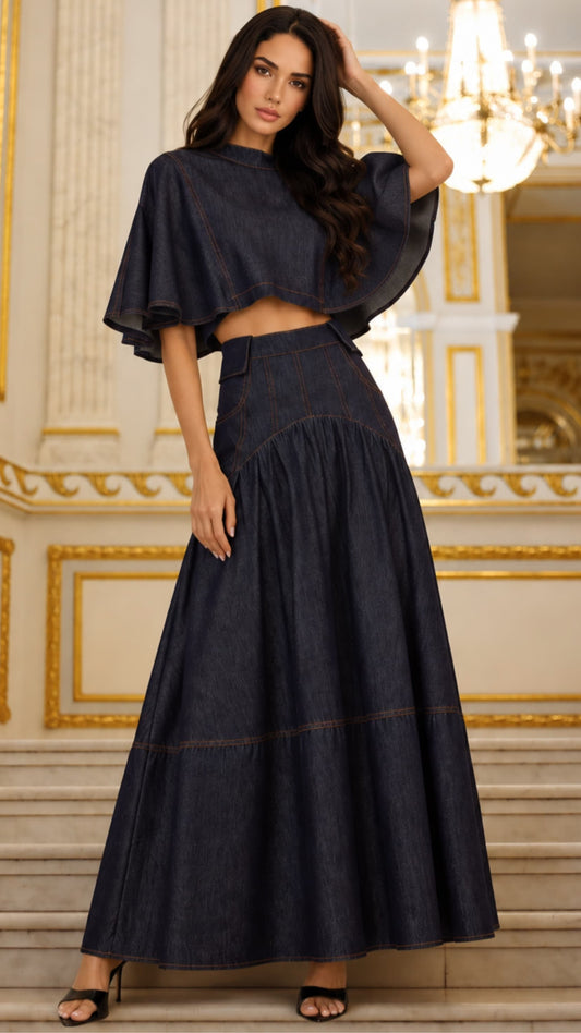 Dark Denim Top & Long High Rise Elegance Skirt