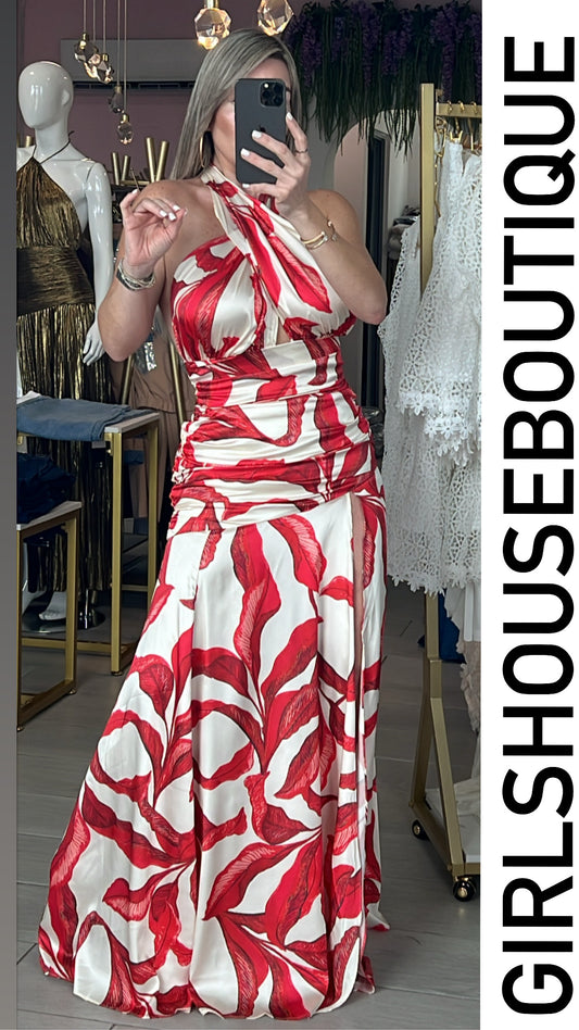 Red Leaf Crop Top & Skirt Set