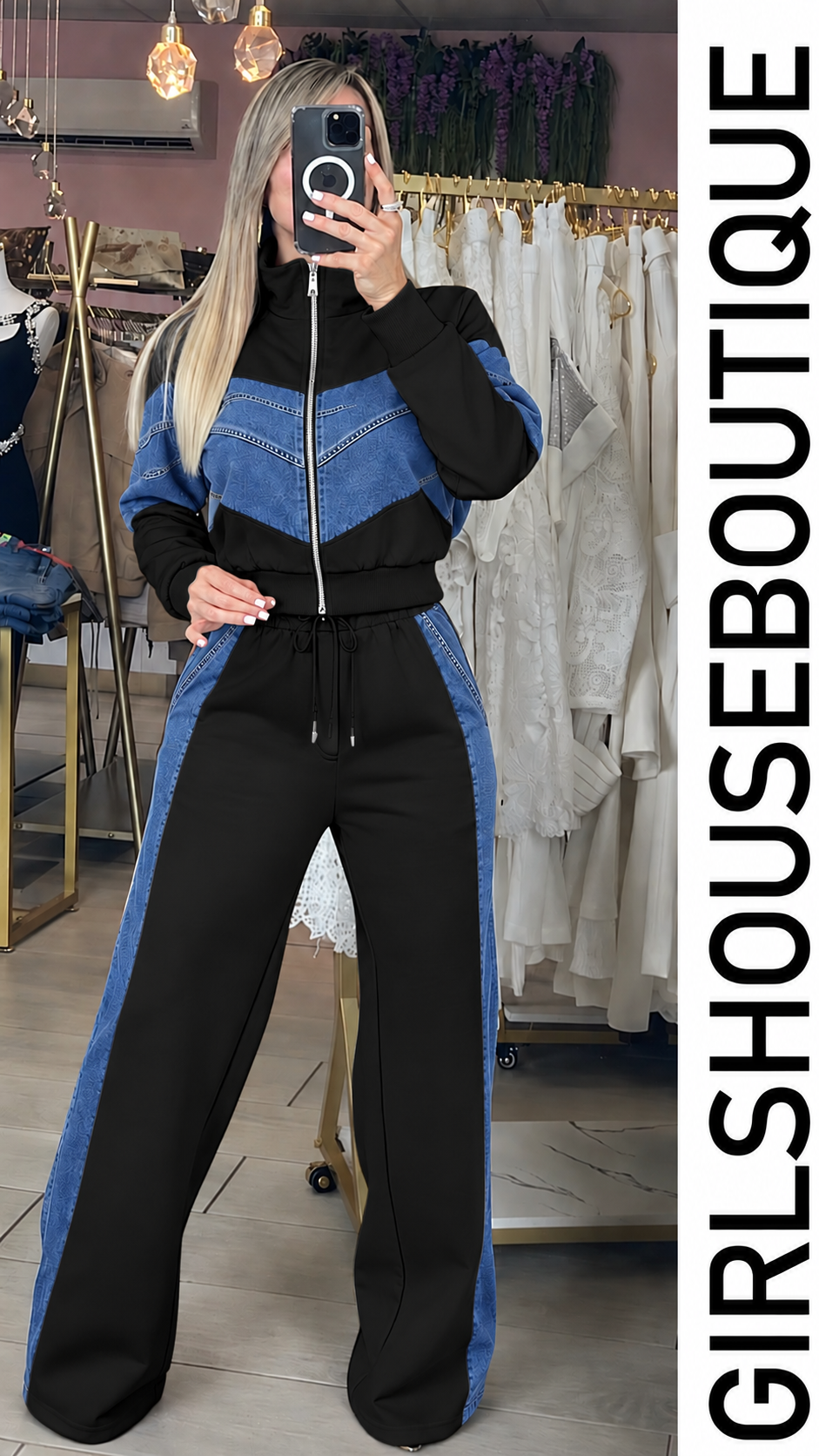 Black Denim Zip-Up Jacket & Pant Set
