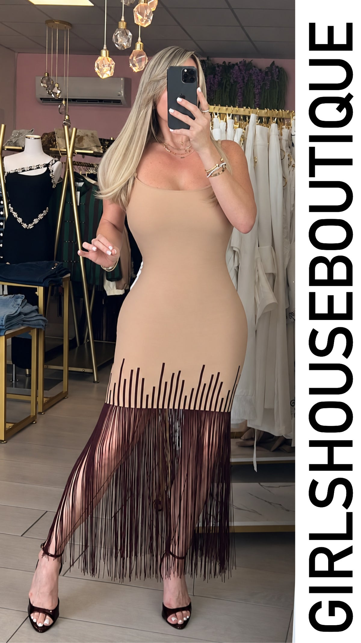 Taupe & Wine Fringe Bandage Strech Midi Dress