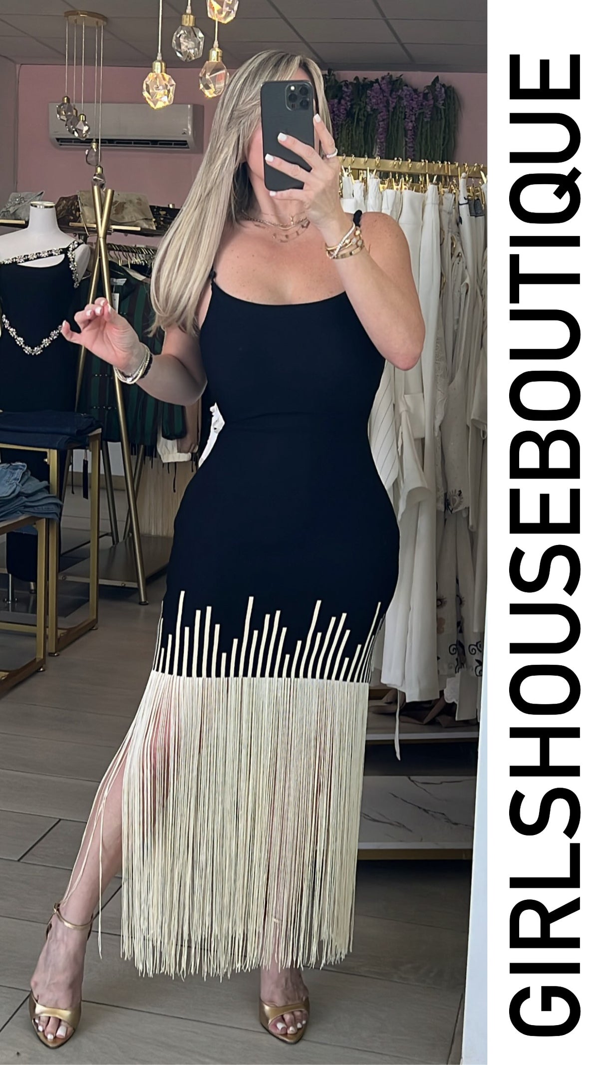 Black & Vainilla Fringe Bandage Strech Midi Dress
