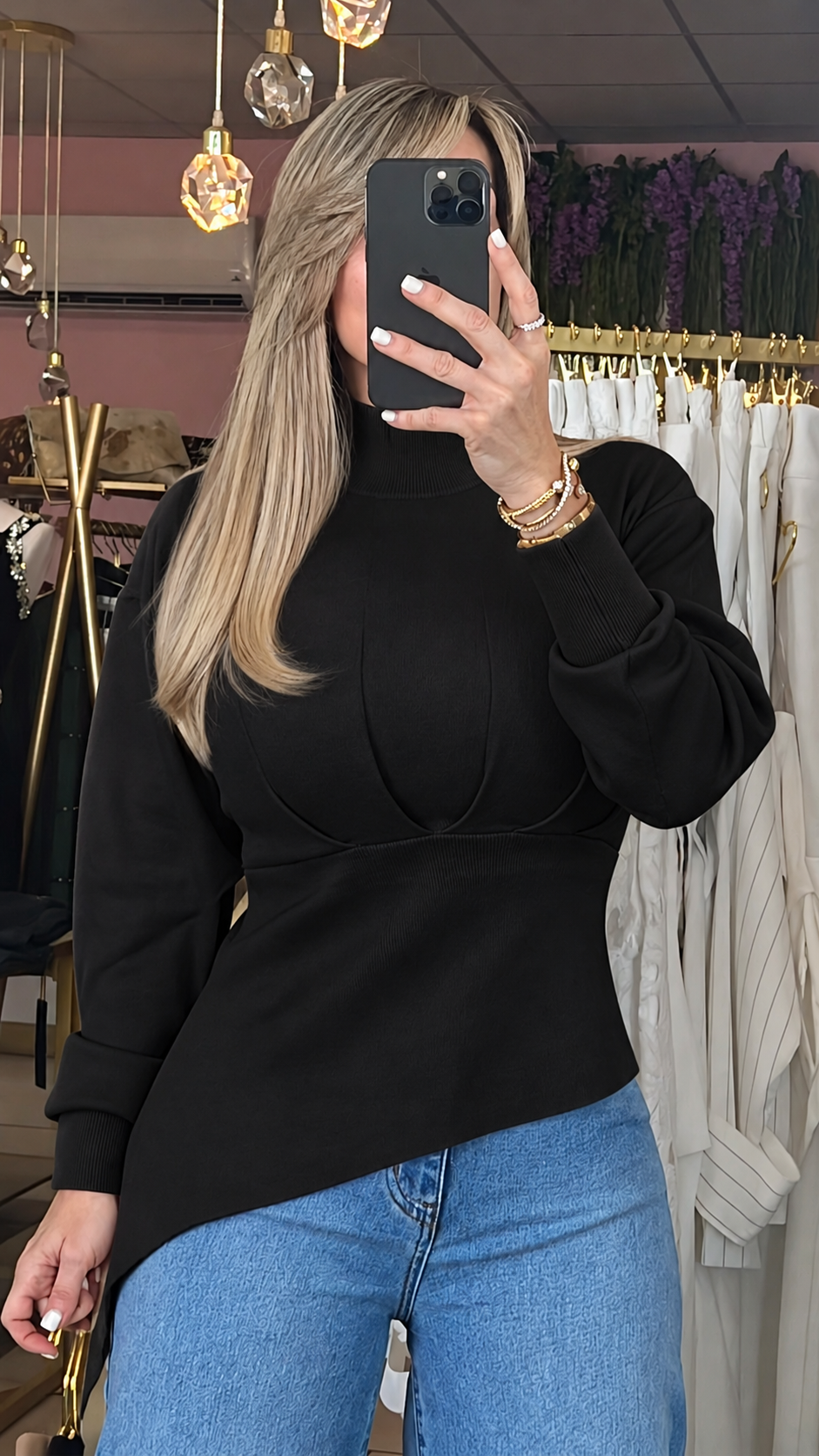 Black High Neck Asymmetric Sweater Top