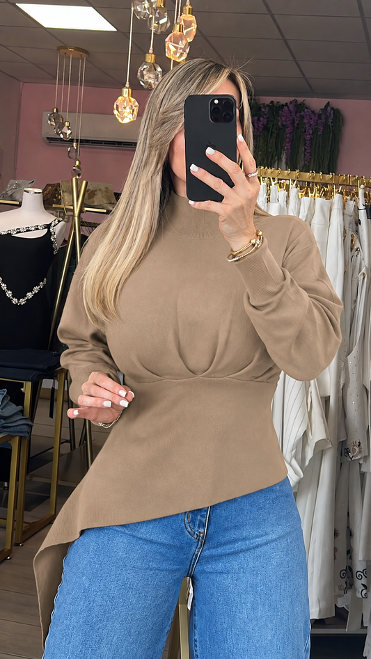 Taupe High Neck Asymmetric Sweater Top