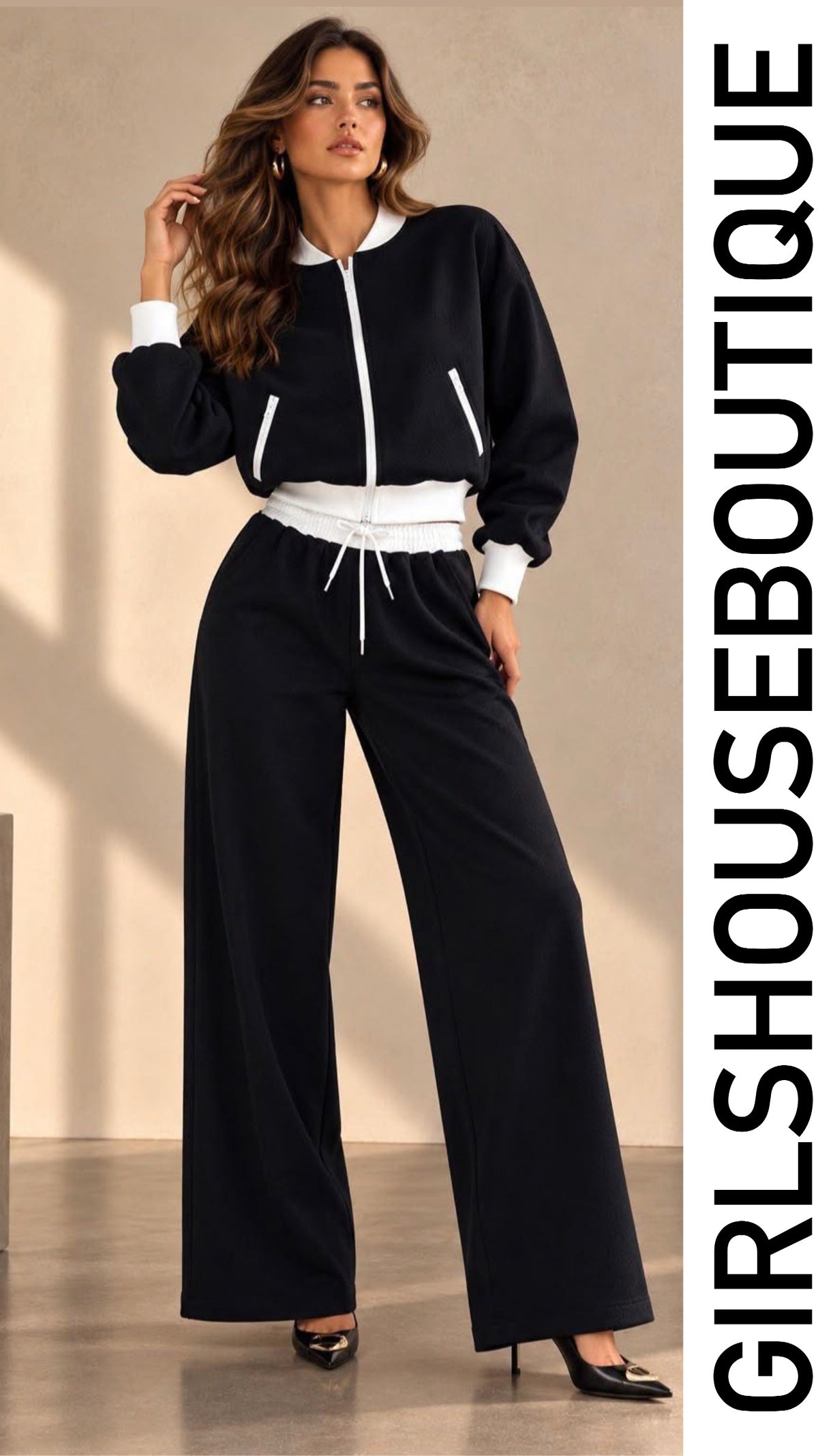 Ónix&White Textured Zip-Up Luxury Jacket & Pant Set (tiene elástico en la cintura)