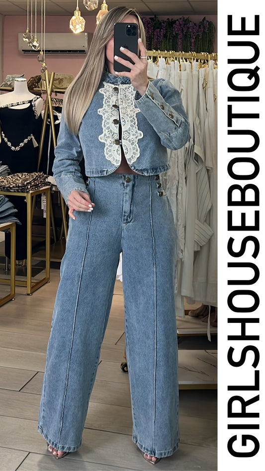 Denim Lace Front Buttons Jacket & Palazzo Set (Tiene Elástico)