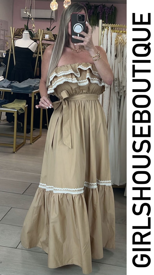 Annie Strapples Ruffle Taupe Elegance Maxi Dress