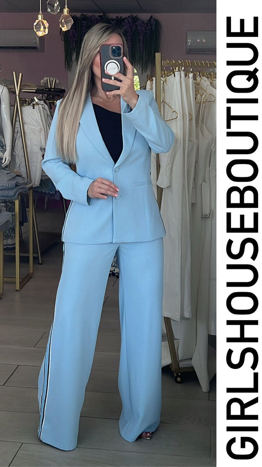 Ice Blue Stripe Blazer Set & Pant Set
