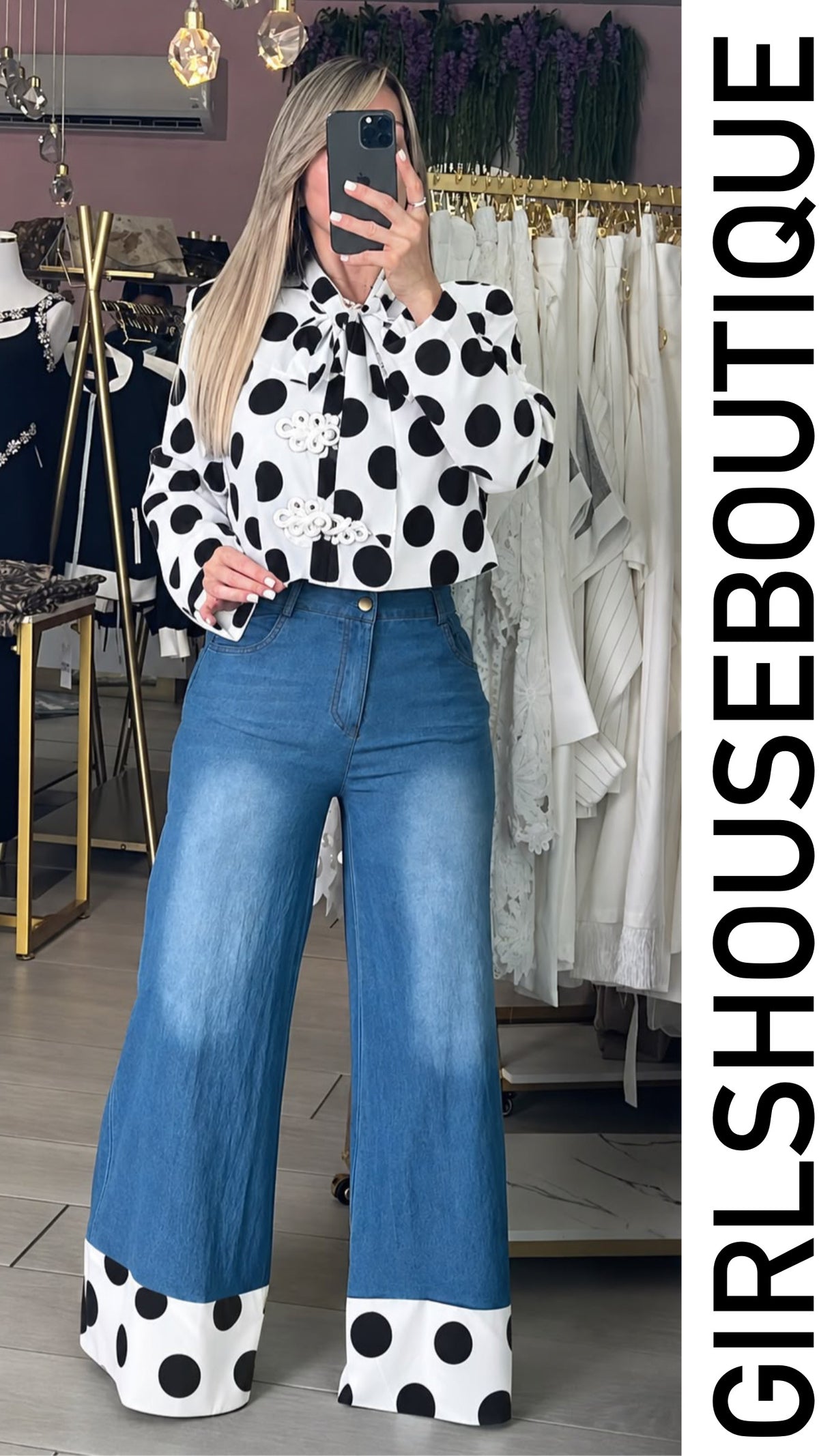 Kim White/Black Polka Dots Blouse  & Denim Pant Set (Tiene Strech)