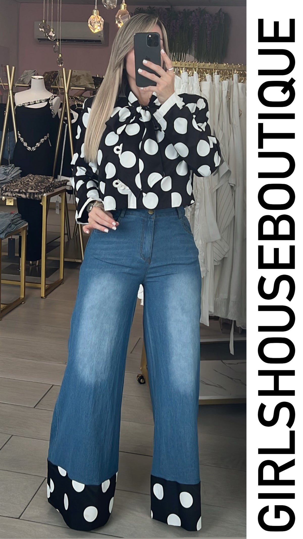 Kim Black/White Polka Dots Blouse & Denim Pant Set (Tiene Strech)