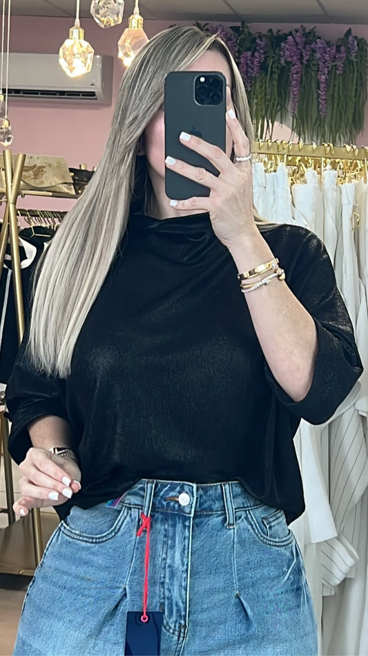 Black Metalic HighNeck Elegance Blouse