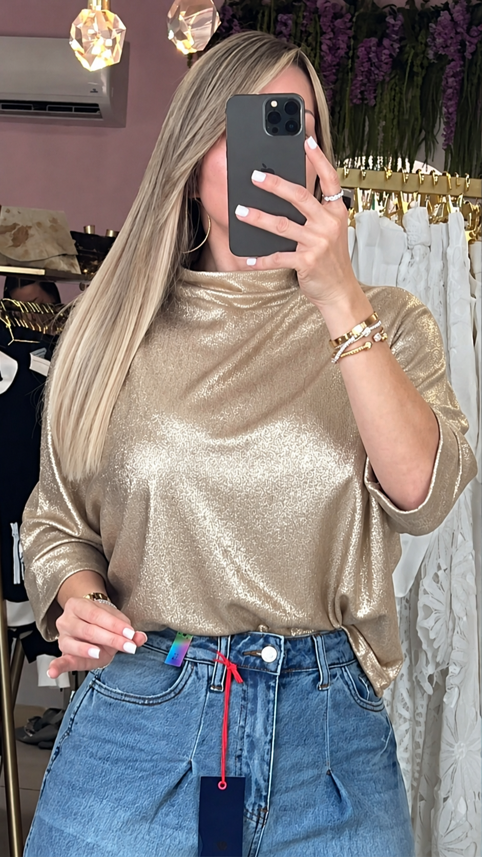 Champagne Metalic HighNeck Elegance Blouse
