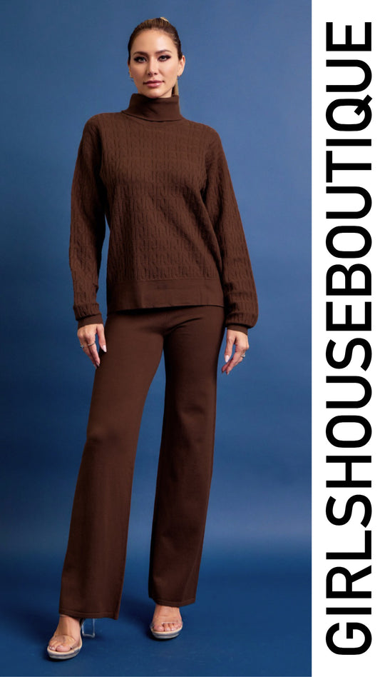 Choco High Neck Textured Sweater Pant Set