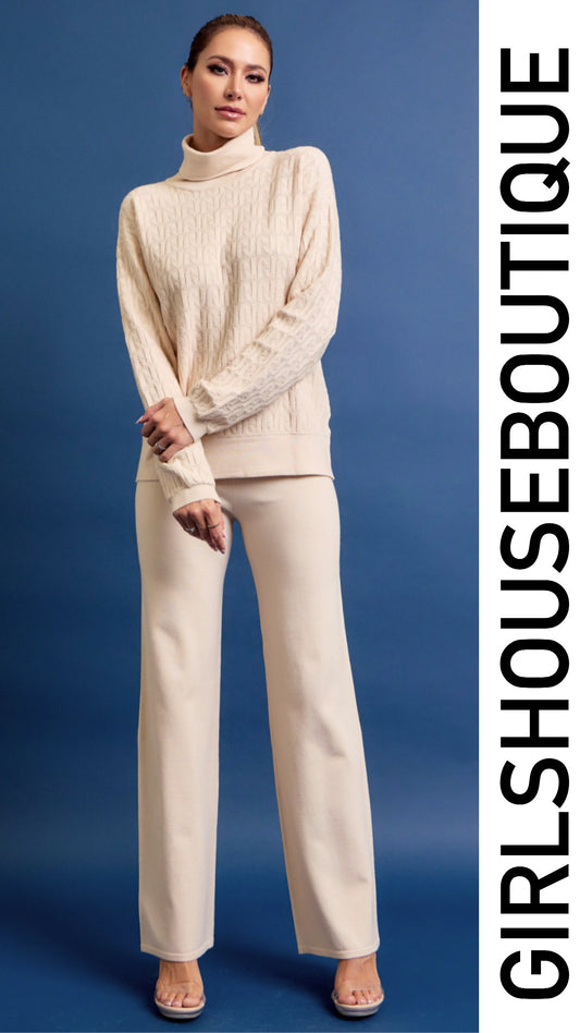 Beige High Neck Textured Sweater Pant Set