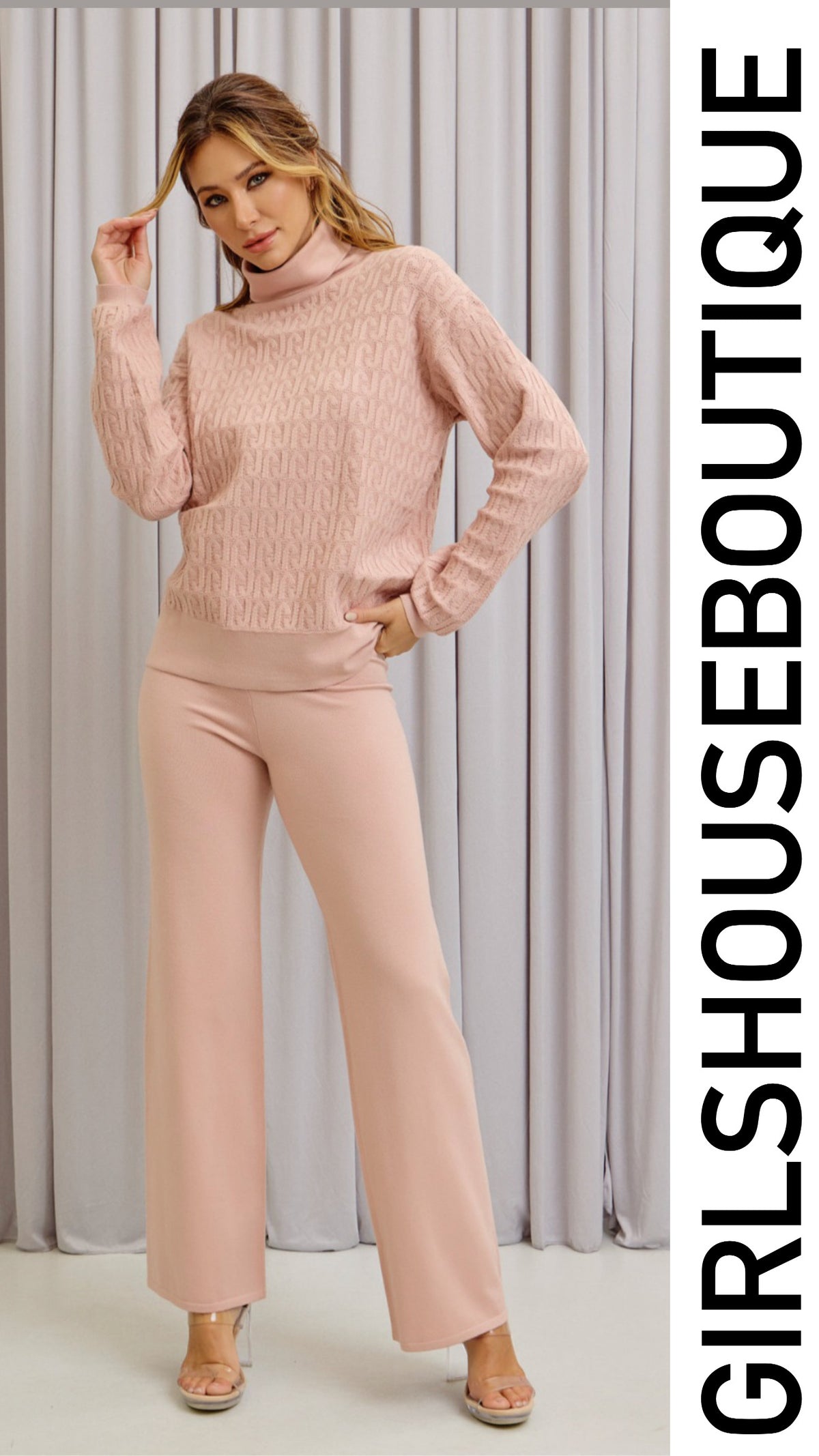 Blush High Neck Textured Sweater Pant Set